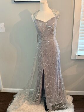 Embellished Lace Overlay Evening Gown in Dusty Lavender